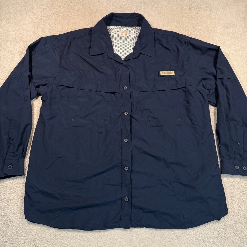Columbia PFG Fishing Shirt Womens XL Navy Blue Omni Shield Vented Roll Tab